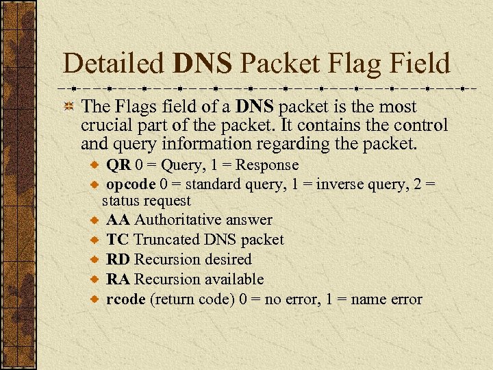 Detailed DNS Packet Flag Field The Flags field of a DNS packet is the