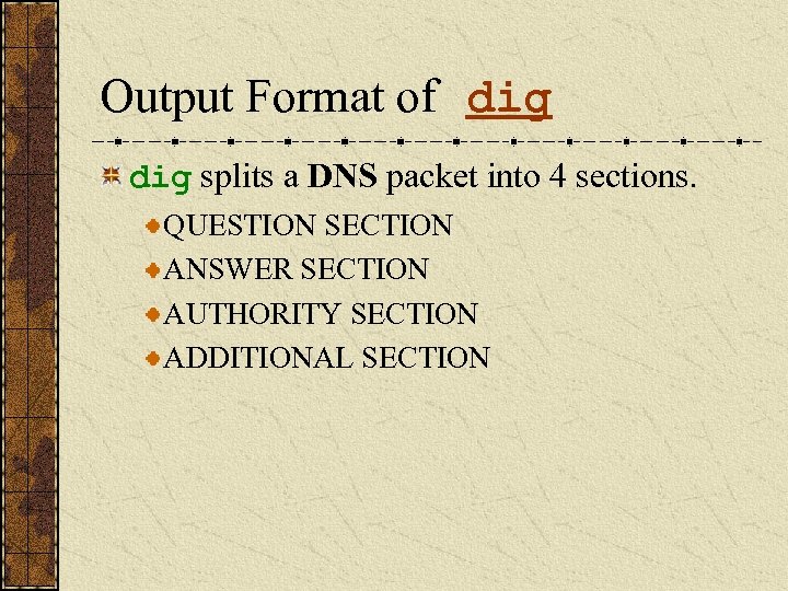 Output Format of dig splits a DNS packet into 4 sections. QUESTION SECTION ANSWER