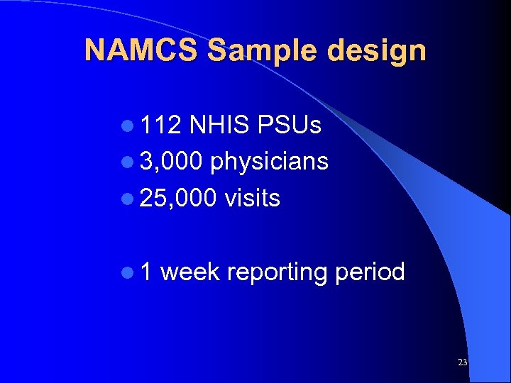NAMCS Sample design l 112 NHIS PSUs l 3, 000 physicians l 25, 000