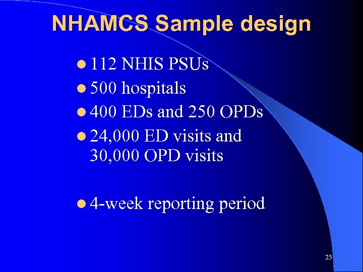 NHAMCS Sample design l 112 NHIS PSUs l 500 hospitals l 400 EDs and