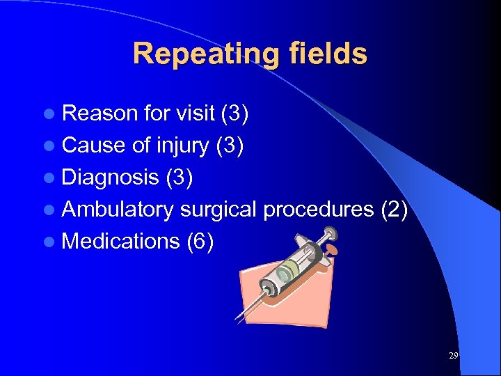 Repeating fields l Reason for visit (3) l Cause of injury (3) l Diagnosis