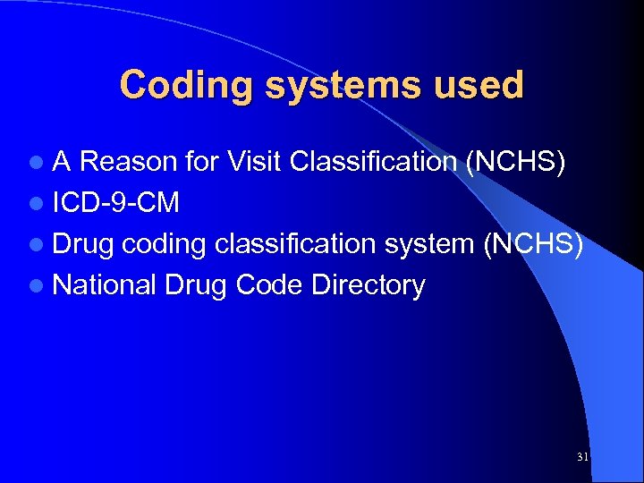Coding systems used l. A Reason for Visit Classification (NCHS) l ICD-9 -CM l