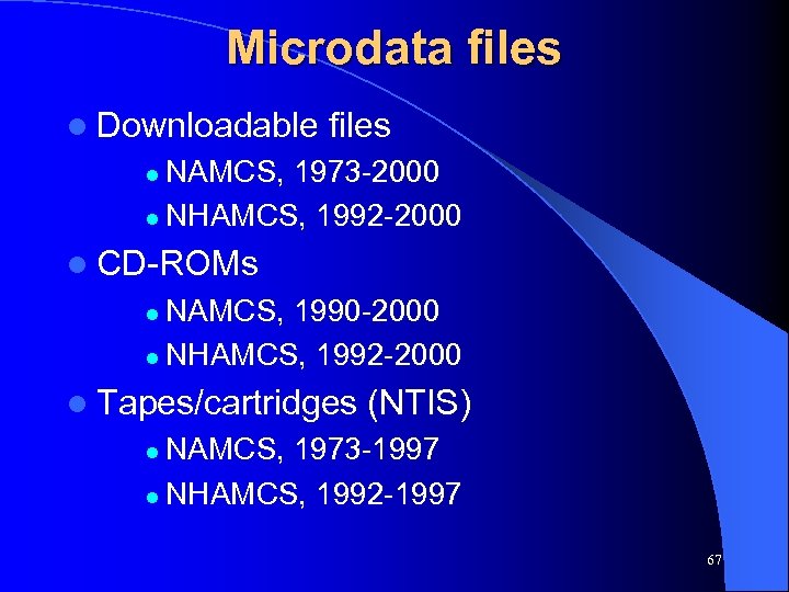 Microdata files l Downloadable files NAMCS, 1973 -2000 l NHAMCS, 1992 -2000 l l