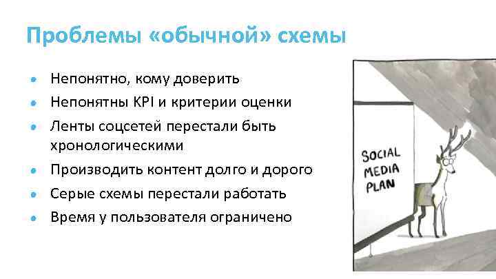 Проблемы «обычной» схемы Непонятно, кому доверить Непонятны KPI и критерии оценки Ленты соцсетеи перестали