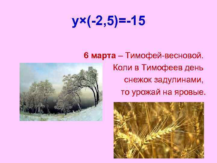 y×(-2, 5)=-15 6 марта – Тимофей-весновой. Коли в Тимофеев день снежок задулинами, то урожай