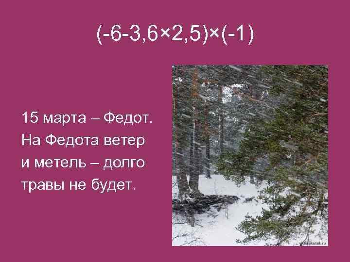 (-6 -3, 6× 2, 5)×(-1) 15 марта – Федот. На Федота ветер и метель