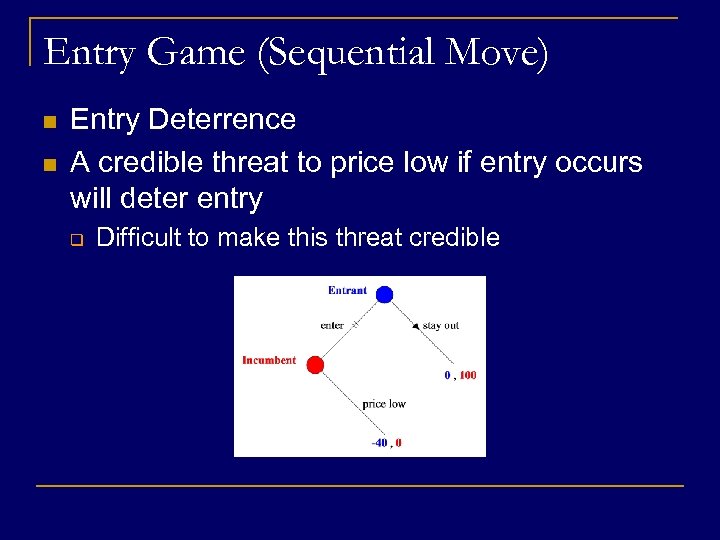 Entry Game (Sequential Move) n n Entry Deterrence A credible threat to price low
