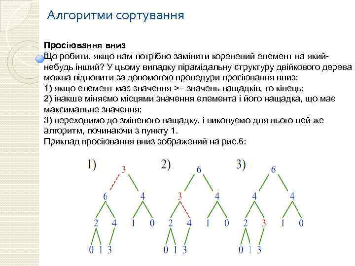 Алгоритми сортування Просіювання вниз Що робити, якщо нам потрібно замінити кореневий елемент на якийнебудь