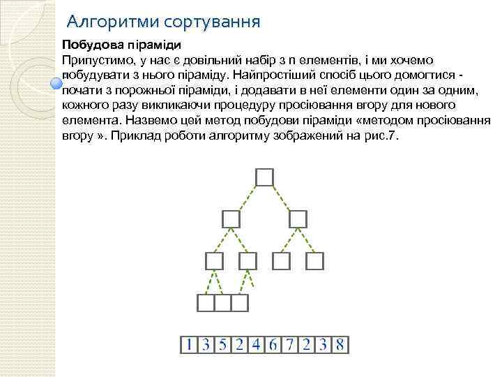 Алгоритми сортування Побудова піраміди Припустимо, у нас є довільний набір з n елементів, і