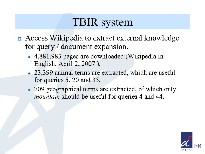 TBIR system p Access Wikipedia to extract external knowledge for query / document expansion.