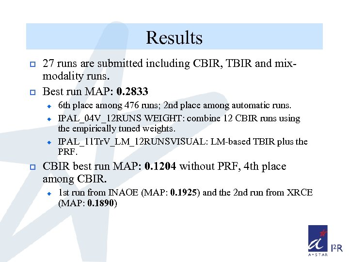 Results p p 27 runs are submitted including CBIR, TBIR and mixmodality runs. Best