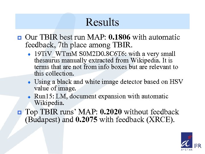 Results p Our TBIR best run MAP: 0. 1806 with automatic feedback, 7 th