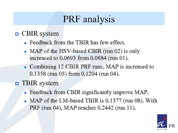 PRF analysis p CBIR system Feedback from the TBIR has few effect. MAP of