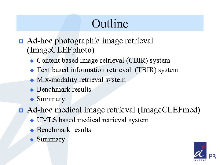 Outline p Ad-hoc photographic image retrieval (Image. CLEFphoto) u u u p Content based