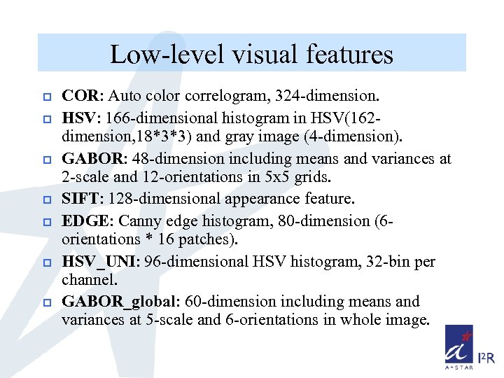 Low-level visual features p p p p COR: Auto color correlogram, 324 -dimension. HSV: