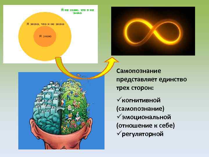 Самопознание представляет единство трех сторон: когнитивной (самопознание) эмоциональной (отношение к себе) регуляторной 