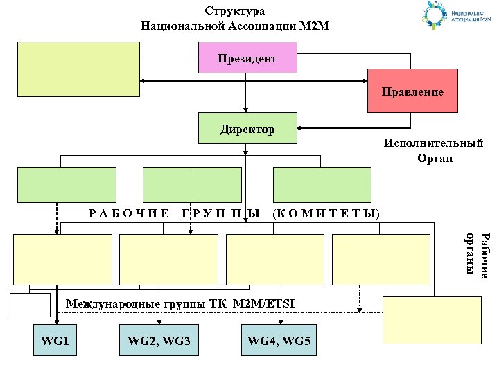 Структура Национальной Ассоциации М 2 М Президент Правление Директор Исполнительный Орган РАБОЧИЕ ГРУП П