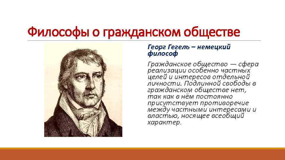 Философы о гражданском обществе Георг Гегель – немецкий философ Гражданское общество — сфера реализации