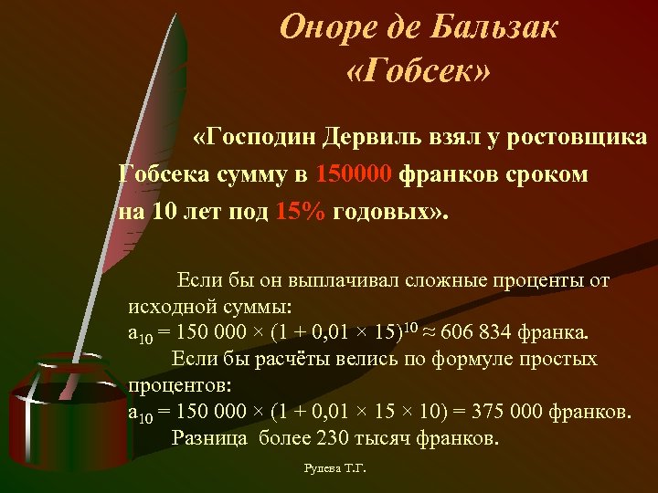 Оноре де Бальзак «Гобсек» «Господин Дервиль взял у ростовщика Гобсека сумму в 150000 франков