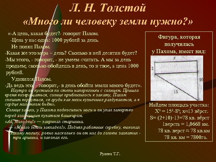 Л. Н. Толстой «Много ли человеку земли нужно? » «-А цена, какая будет? -