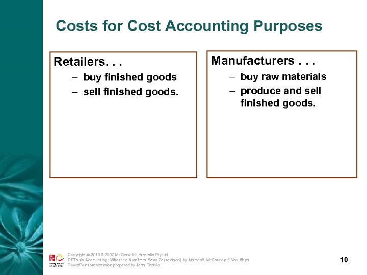 Costs for Cost Accounting Purposes Retailers. . . – buy finished goods – sell