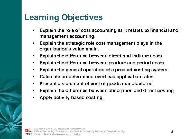 Learning Objectives • • • Explain the role of cost accounting as it relates