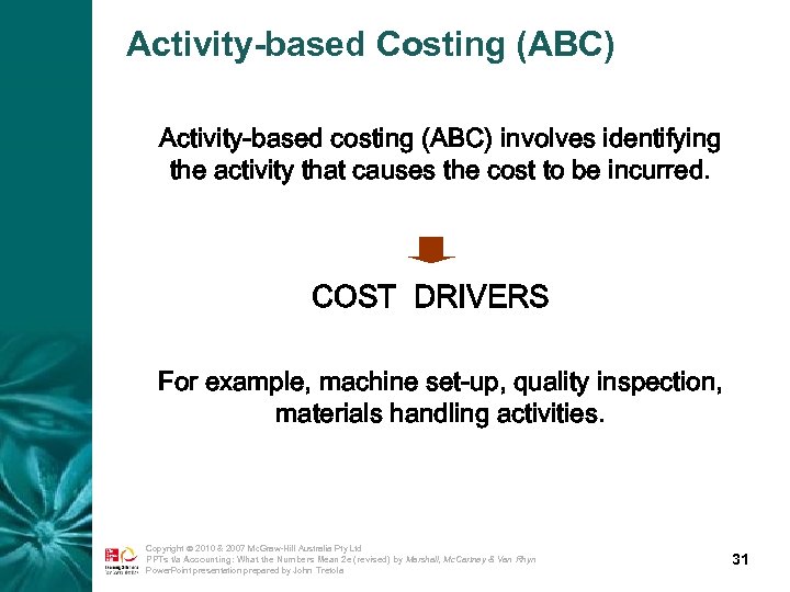 Activity-based Costing (ABC) Activity-based costing (ABC) involves identifying the activity that causes the cost