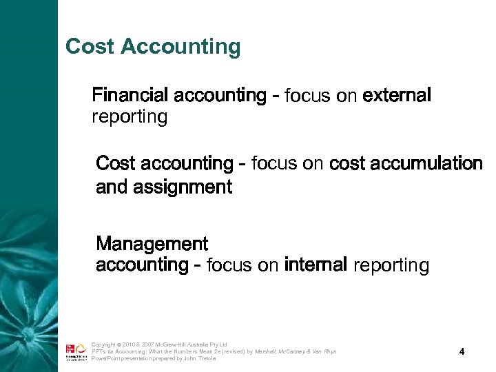 Cost Accounting Financial accounting - focus on external reporting Cost accounting - focus on