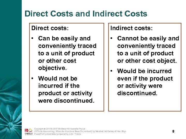 Direct Costs and Indirect Costs Direct costs: Indirect costs: • Can be easily and