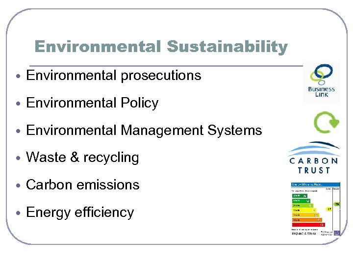 Environmental Sustainability Environmental prosecutions Environmental Policy Environmental Management Systems Waste & recycling Carbon emissions