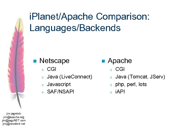 i. Planet/Apache Comparison: Languages/Backends n Netscape o o jim jagielski jim@apache. org jim@jagu. NET.