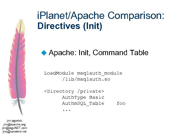 i. Planet/Apache Comparison: Directives (Init) u Apache: Init, Command Table Load. Module msqlauth_module /lib/msqlauth.
