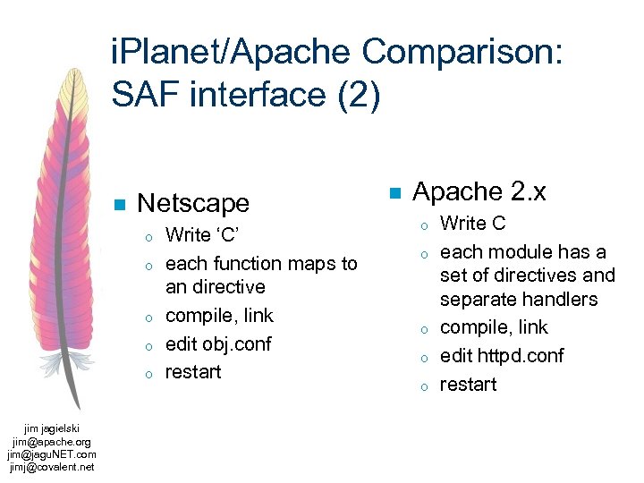 i. Planet/Apache Comparison: SAF interface (2) n Netscape o o o jim jagielski jim@apache.