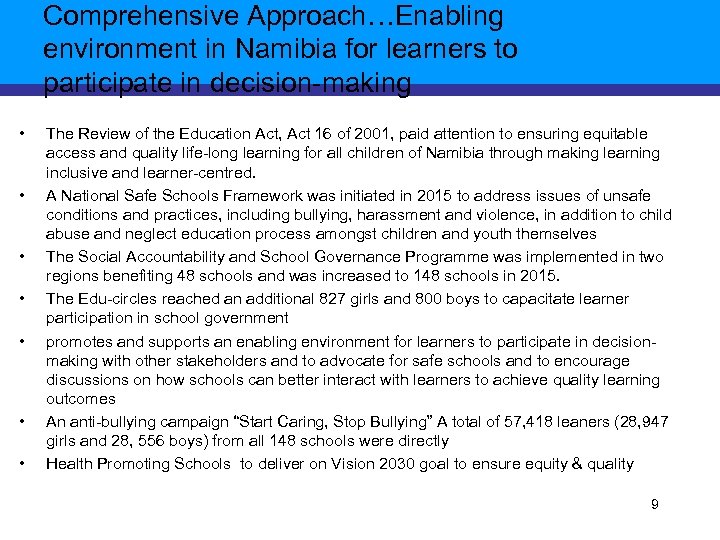 Comprehensive Approach…Enabling environment in Namibia for learners to participate in decision-making • • The