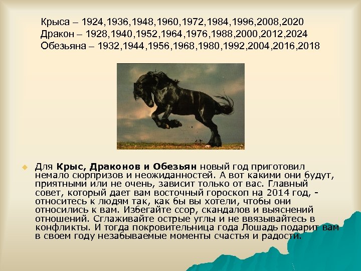 Крыса – 1924, 1936, 1948, 1960, 1972, 1984, 1996, 2008, 2020 Дракон – 1928,