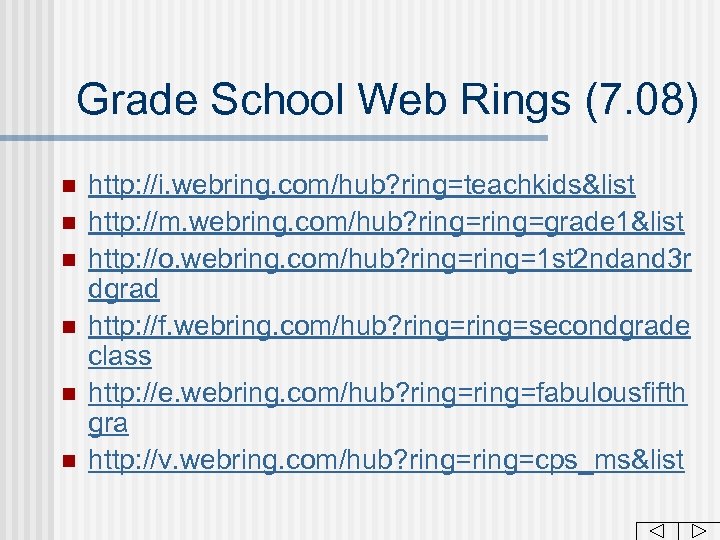 Grade School Web Rings (7. 08) n n n http: //i. webring. com/hub? ring=teachkids&list