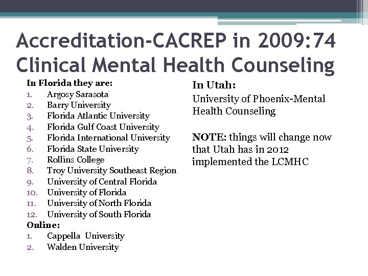 Accreditation-CACREP in 2009: 74 Clinical Mental Health Counseling In Florida they are: 1. Argosy