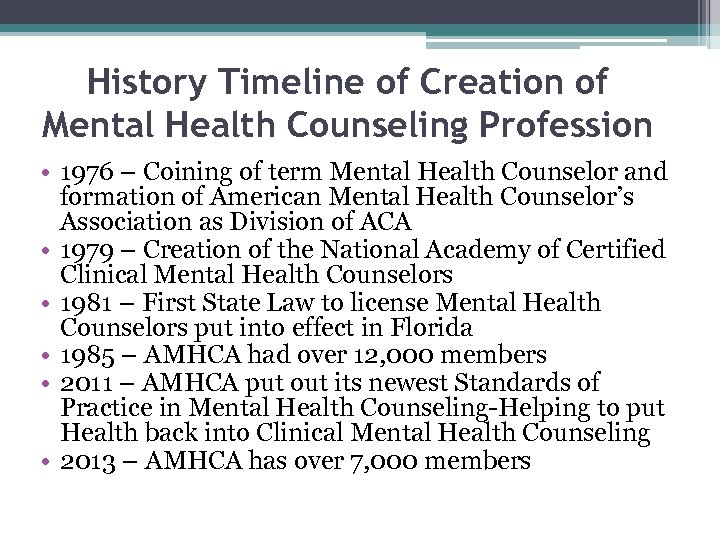 History Timeline of Creation of Mental Health Counseling Profession • 1976 – Coining of