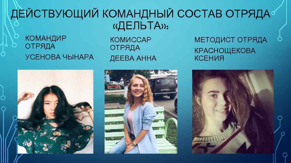 ДЕЙСТВУЮЩИЙ КОМАНДНЫЙ СОСТАВ ОТРЯДА «ДЕЛЬТА» : КОМАНДИР ОТРЯДА УСЕНОВА ЧЫНАРА КОМИССАР ОТРЯДА ДЕЕВА АННА