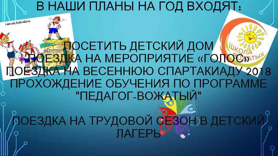 В НАШИ ПЛАНЫ НА ГОД ВХОДЯТ: ПОСЕТИТЬ ДЕТСКИЙ ДОМ ПОЕЗДКА НА МЕРОПРИЯТИЕ «ГОЛОС» ПОЕЗДКА