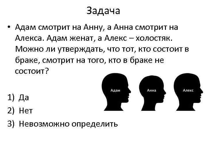 Задача • Адам смотрит на Анну, а Анна смотрит на Алекса. Адам женат, а