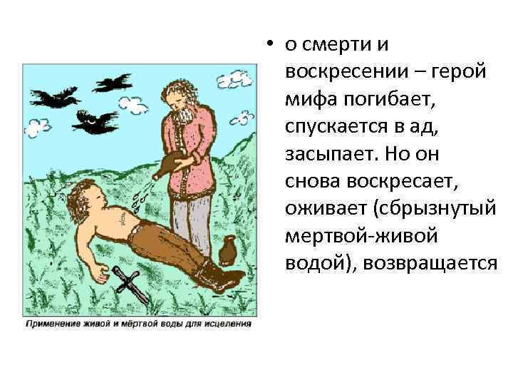  • о смерти и воскресении – герой мифа погибает, спускается в ад, засыпает.