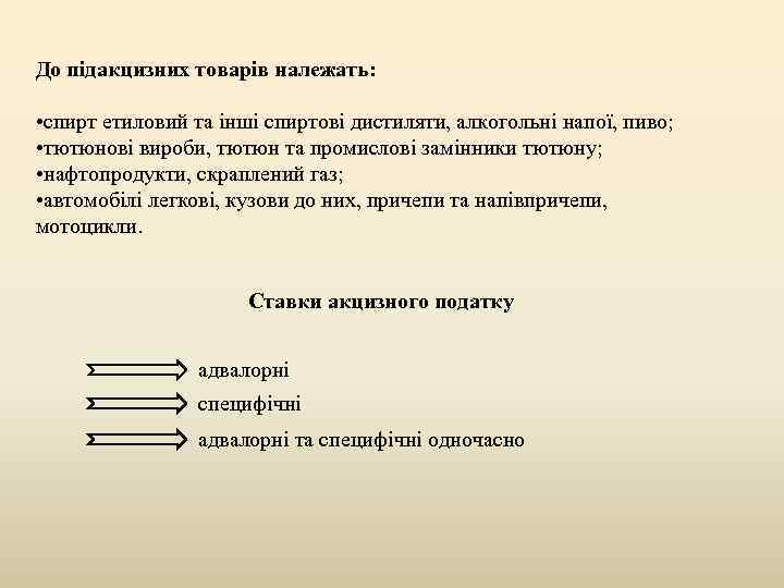 До підакцизних товарів належать: • спирт етиловий та інші спиртові дистиляти, алкогольні напої, пиво;