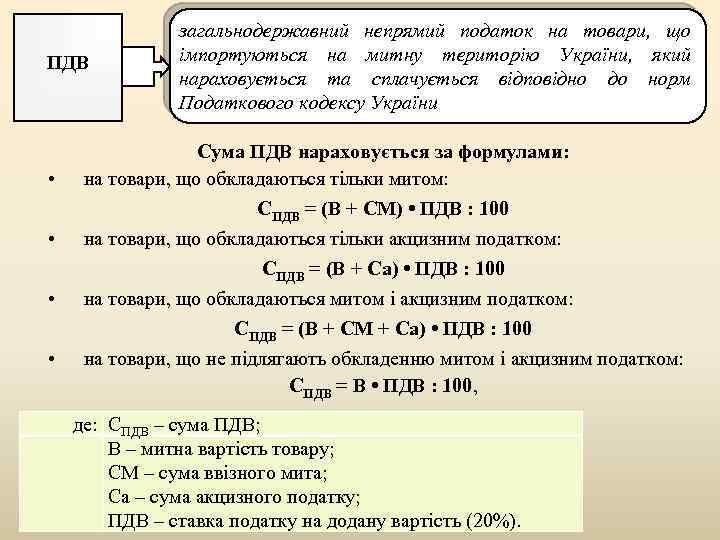 ПДВ • • загальнодержавний непрямий податок на товари, що імпортуються на митну територію України,