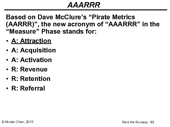 AAARRR Based on Dave Mc. Clure’s “Pirate Metrics (AARRR)”, the new acronym of “AAARRR”