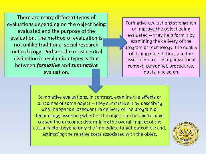 There are many different types of evaluations depending on the object being evaluated and