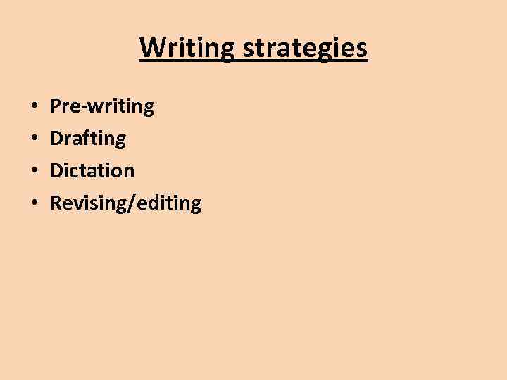 Writing strategies • • Pre-writing Drafting Dictation Revising/editing 