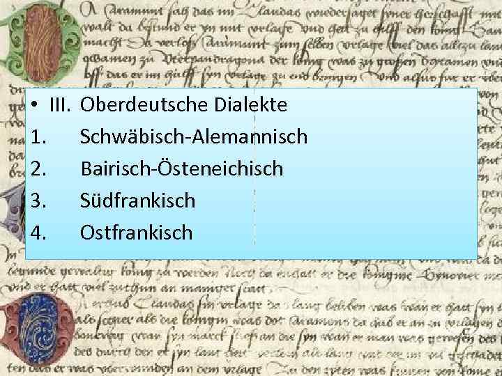  • III. 1. 2. 3. 4. Oberdeutsche Dialekte Schwäbisch-Alemannisch Bairisch-Östeneichisch Südfrankisch Ostfrankisch 