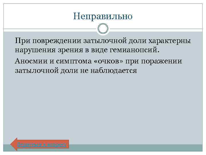 Неправильно При повреждении затылочной доли характерны нарушения зрения в виде гемианопсий. Аносмии и симптома