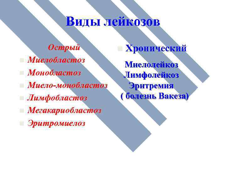 Виды лейкозов n n n Острый Миелобластоз Монобластоз Миело-монобластоз Лимфобластоз Мегакариобластоз Эритромиелоз n Хронический